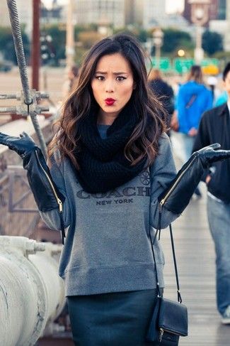 Jamie Chung wearing Grey Print Sweatshirt, Navy Leather Pencil .