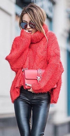 Oversized cable knit sweater with leather pants. | Moda, Ropa .