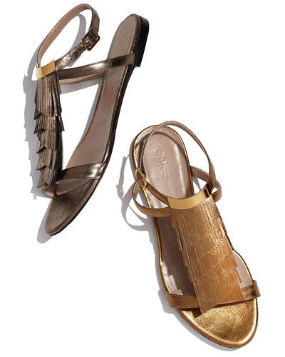 Chloe Fringe Ankle-Wrap Flat Sandal, Golden Bronze | Ankle wrap .