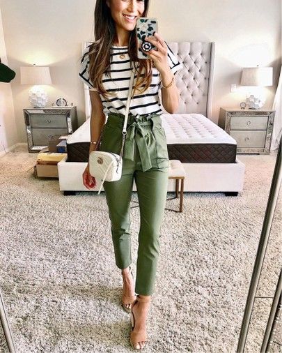 Striped tee and paper bag waist pants - loving these workwear .
