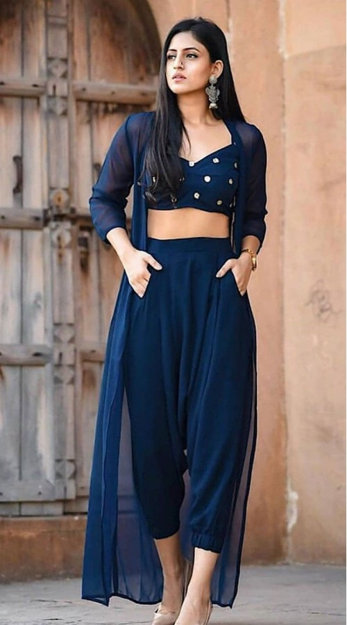 Buy Navy Blue Crepe And Georgette Crop Top With Self Polka Dots .