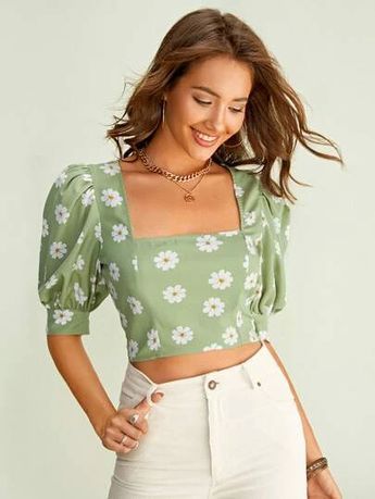 Puff Sleeve Floral Crop Top | Trendy fashion tops, Trendy dress .