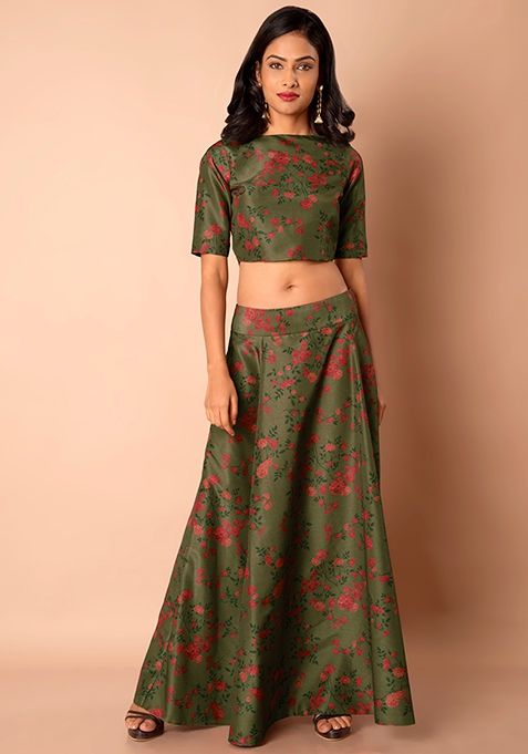 Buy Women Olive Floral Silk Crop Top - Bloggers-Page - Indya .