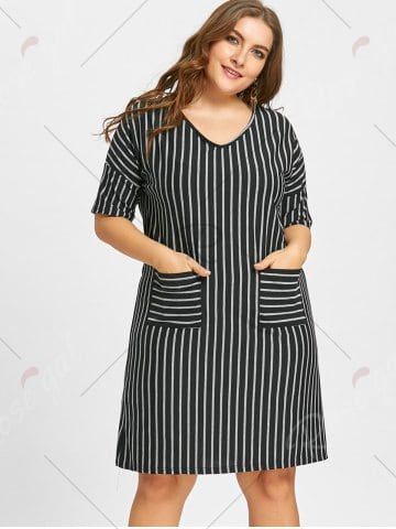Vertical Stripe Plus Size Shift Dress with Pocket | Plus size .