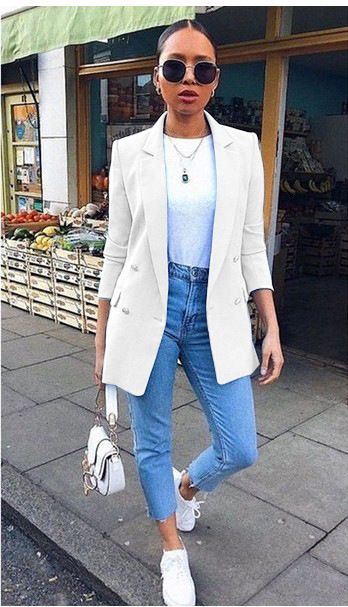 Fashion Candy Color Mid-length Graceful Suit Blazer White-4XL .