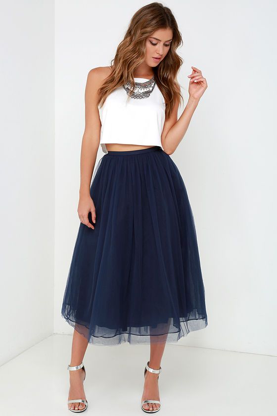 Give it a Twirl Navy Blue Tulle Midi Skirt | Fashion, Tulle midi .