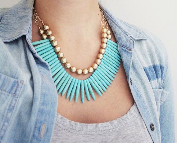 Gold and Turquoise Spike Statement Necklace Spike by ShopNestled .