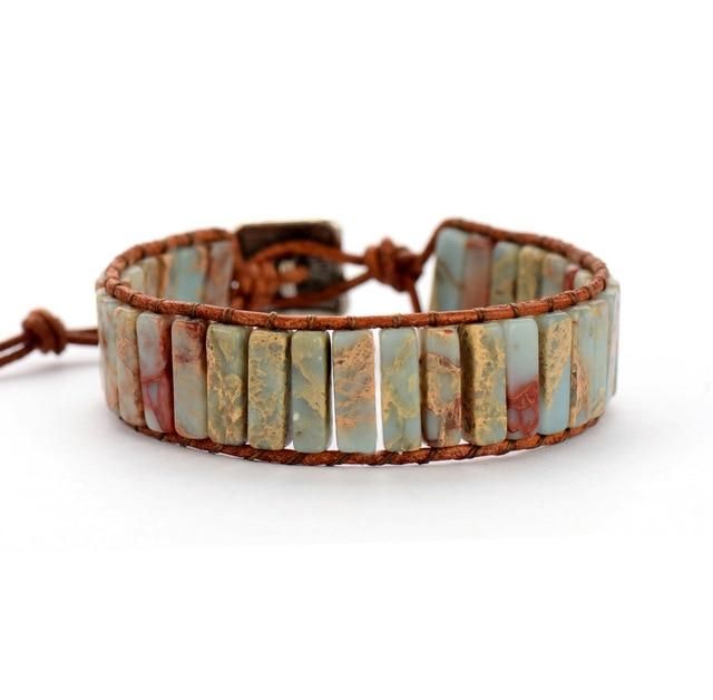Jasper and Agate Stone Wrap Bracelet - Tan | Turquoise bead .