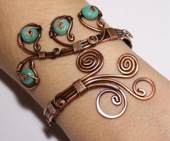 Statement Bracelet Adjustable Handmade Teal Blue Wire Wrapped .