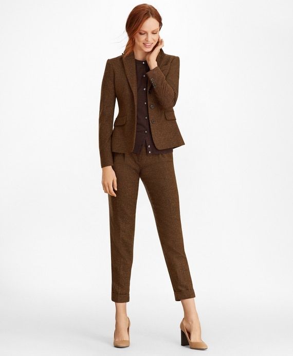 Petite Stretch Wool-Silk Tweed Pleated PantsBrown | Silk tweed .