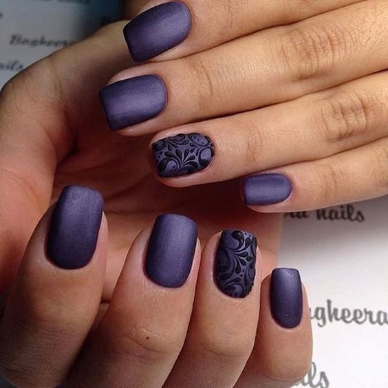 deep violet matte nails with an accent black lace nail look wow .