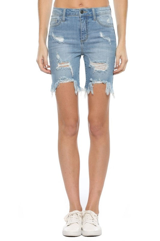 High Rise Uneven Fray Bermuda Shorts Light Denim - Southern .