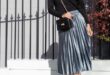Silver velvet pleated midi skirt london street style | Skirts .