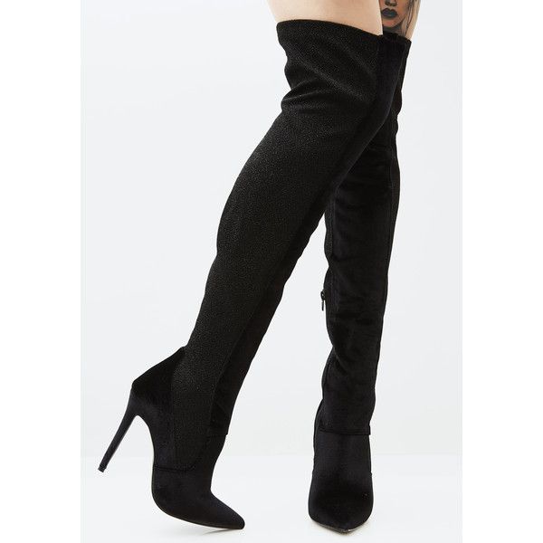 Black Velvet Thigh High Boots ($49) ❤ liked on Polyvore featuring .