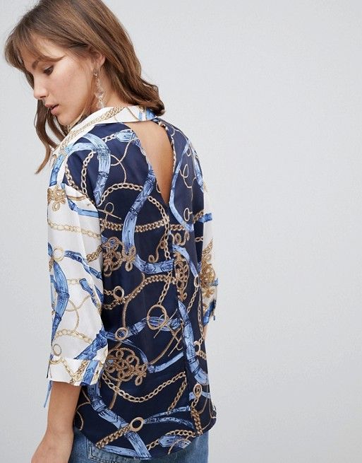 River Island satin blouse with open back in chain scarf print .