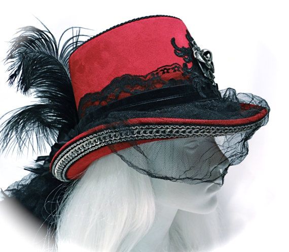 Victorian Gothic Hat Red & Black Steampunk Riding Hats GO-105 .
