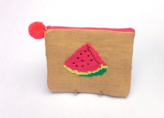 Summer Watermelon Wedge Jute Pouch Hand Embroidered Handmade .