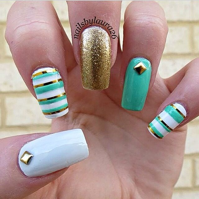 Aqua Green, Gold, and White Stripes Nail Art | Color for nails .
