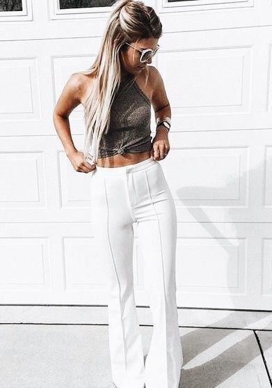 Taupe top with high waisted white pants. | Fashion, Fashion .