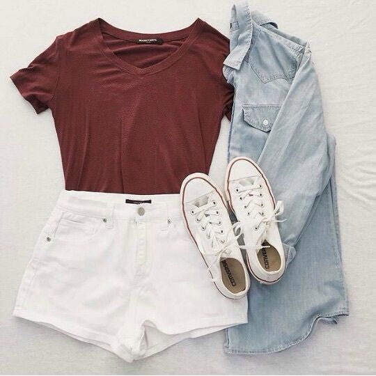 Burgundy Shirt and White Shorts with Denim Shirt and White .