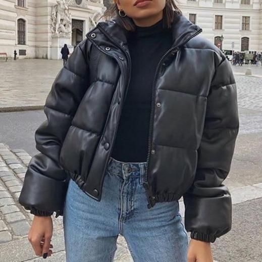 Faux Leather Black Cropped Puffer Jacket | Moda feminina, Looks .