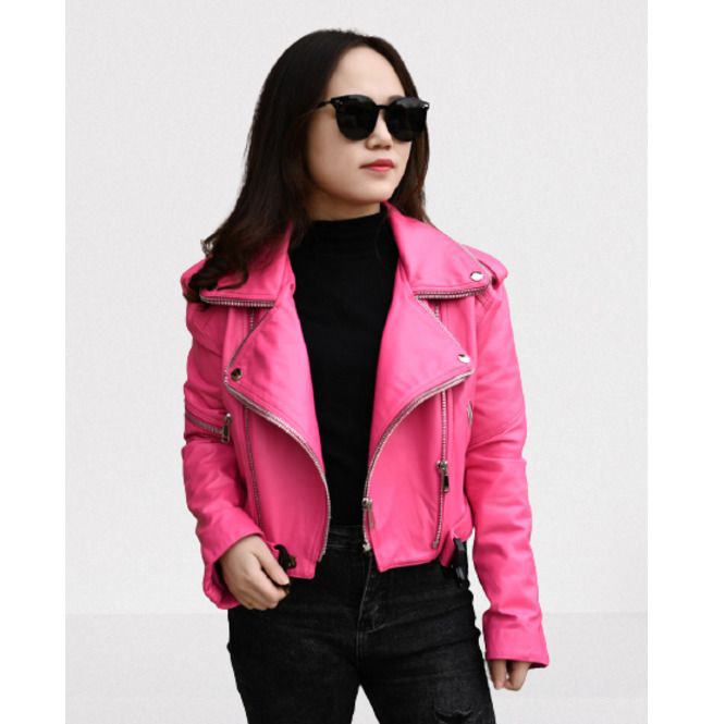 Hot Pink Leather Jacket for Women, Biker Fashion Leather Jackets .