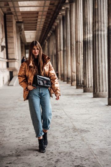 Metallic Puffer Jacket combined with Baggy Jeans | Denim jacket .