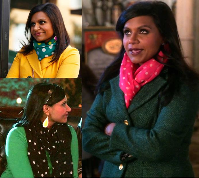 Mindy Lahiri and polka dot scarves | Yellow polka dot dress .