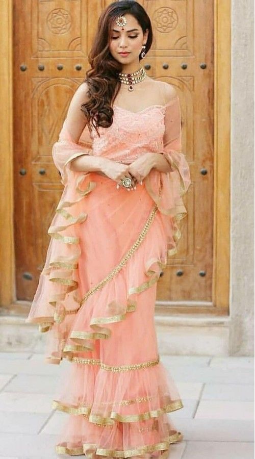 Elegant Net Lace Work Light Peach Ruffle Style Saree WJ81025 .