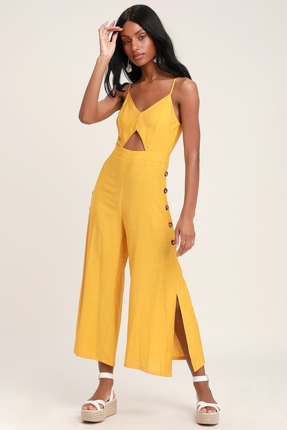 Imagine That Mustard Yellow Tie-Back Cutout Culotte Jumpsuit .