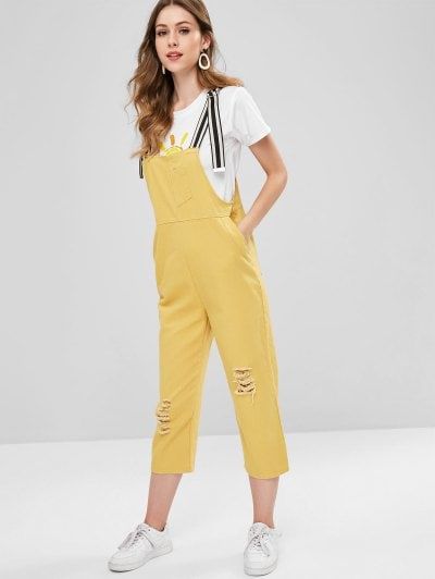 Striped Strap Ripped Denim Dungaree Overalls | Blue dress outfits .