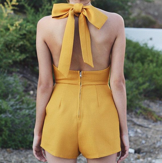 Modern mustard yellow romper/playsuit with bow / trendy | Yellow .