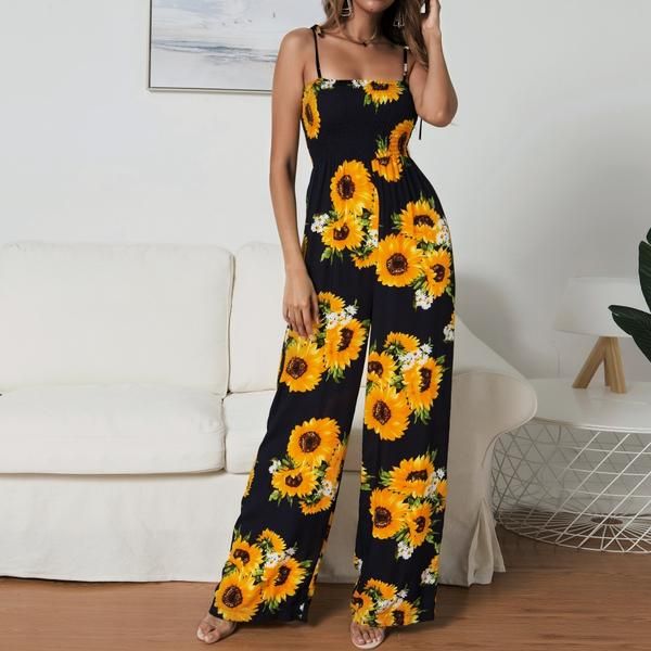 Sunflower Print Strap Jumpsuit – Pink-Always | Jumpsuits for women .