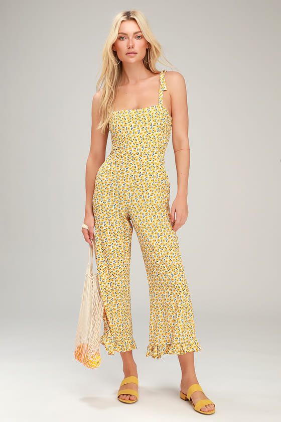 Faithfull The Brand FRANKIE YELLOW FLORAL PRINT TIE-STRAP JUMPSUIT .